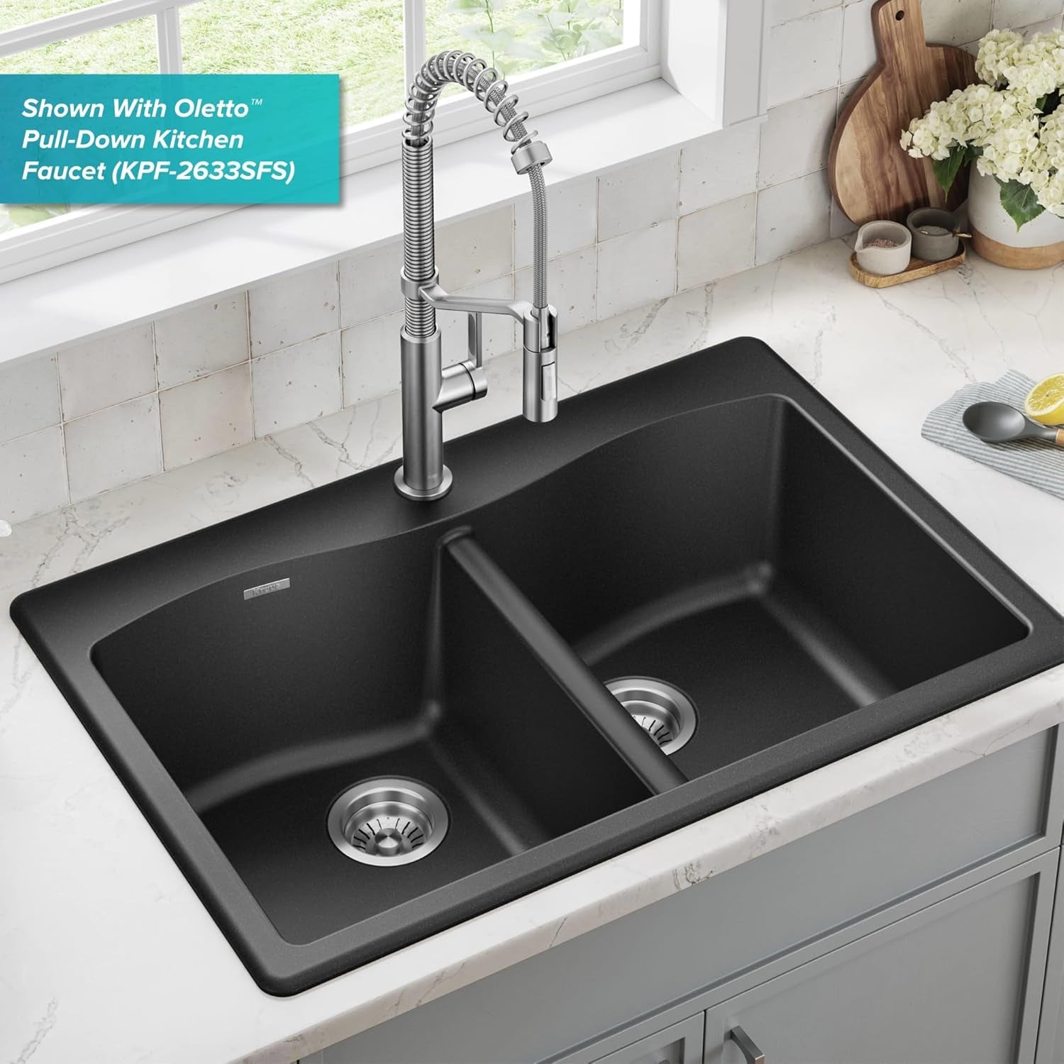 KRAUS Forteza 33-Inch Drop In/Undermount 50/50 Double Bowl Granite Kitchen Sink in Black, KGD-52BLACK
