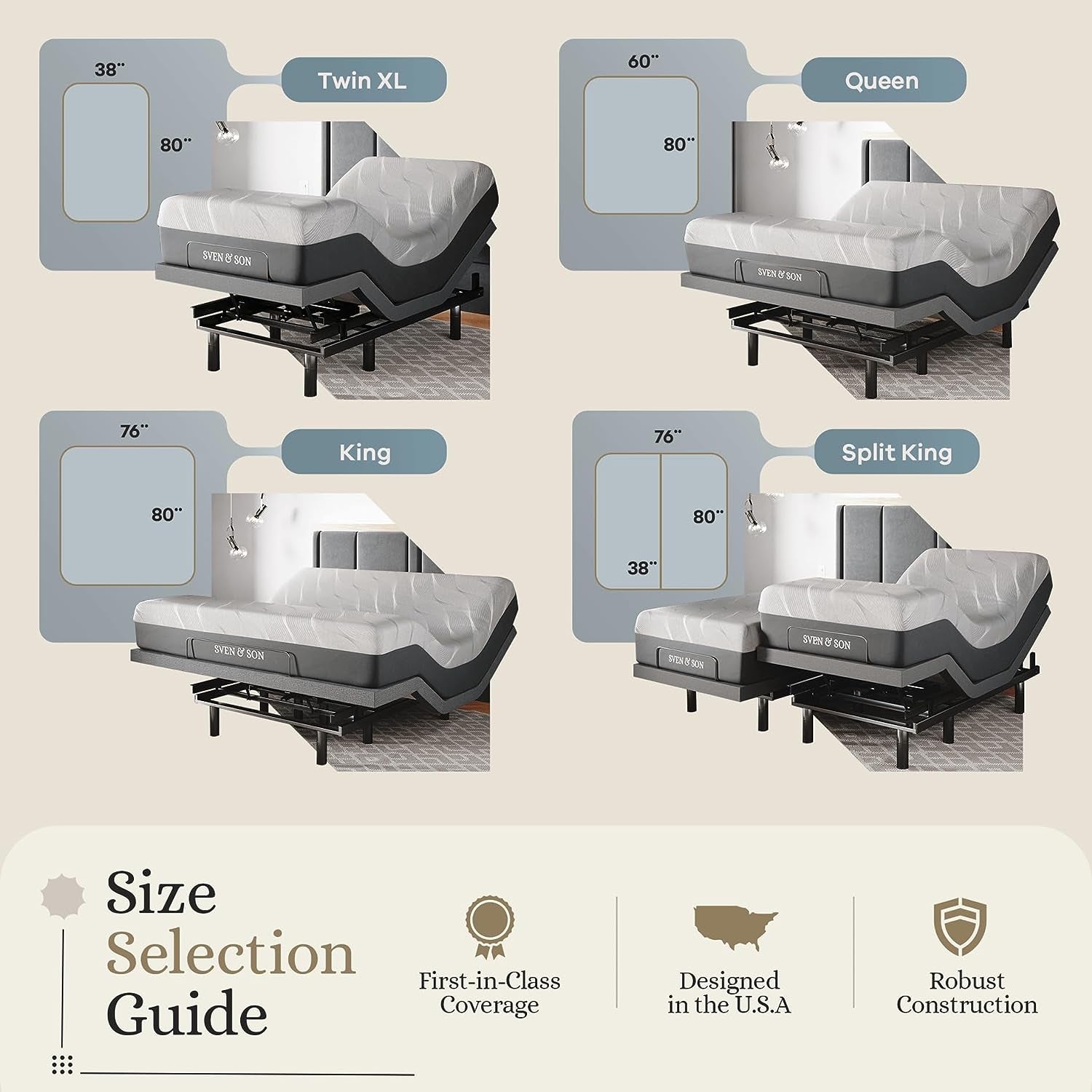 Sven & Son Classic Adjustable Bed Base, Head and Foot Lift, Massage, Under-Bed Lights, USB, Gel Memory, Zero Gravity Smart Frame - Twin XL + 14 Inch Hybrid Spring Matt (Medium Soft)