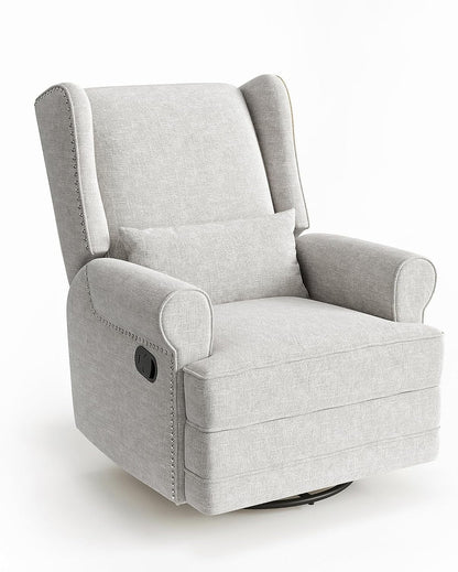 Royalcraft Swivel Nursery Glider Recliner, Comfy Upholstered Glider Chair with Lumbar Pillow and Footrest, Swivel Rocking Chair for Living Room, Grey