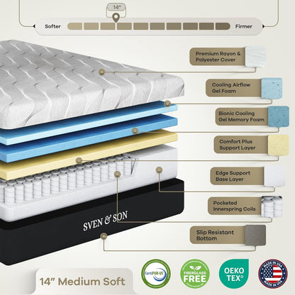 Sven & Son Classic Adjustable Bed Base, Head and Foot Lift, Massage, Under-Bed Lights, USB, Gel Memory, Zero Gravity Smart Frame - Twin XL + 14 Inch Hybrid Spring Matt (Medium Soft)