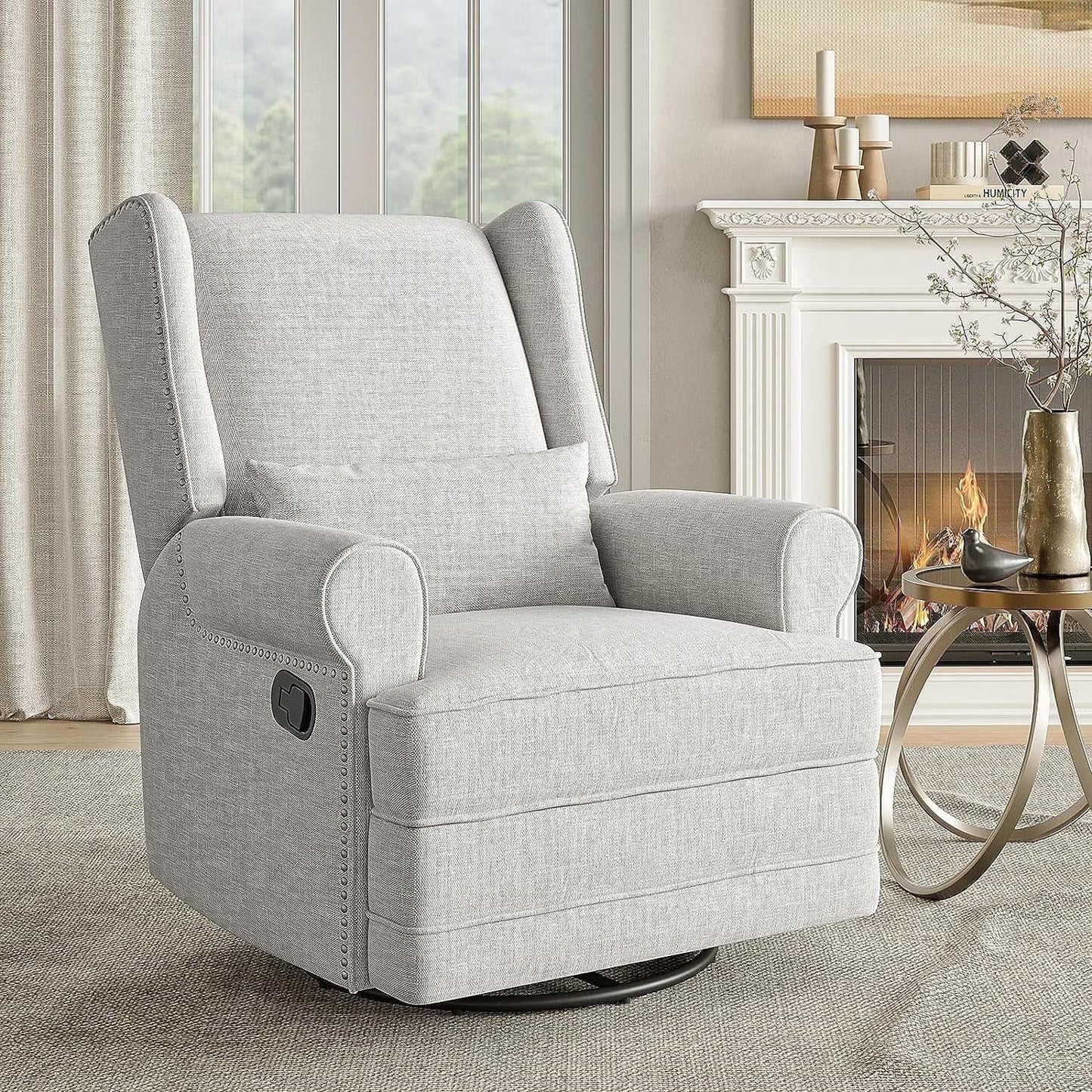 Royalcraft Swivel Nursery Glider Recliner, Comfy Upholstered Glider Chair with Lumbar Pillow and Footrest, Swivel Rocking Chair for Living Room, Grey