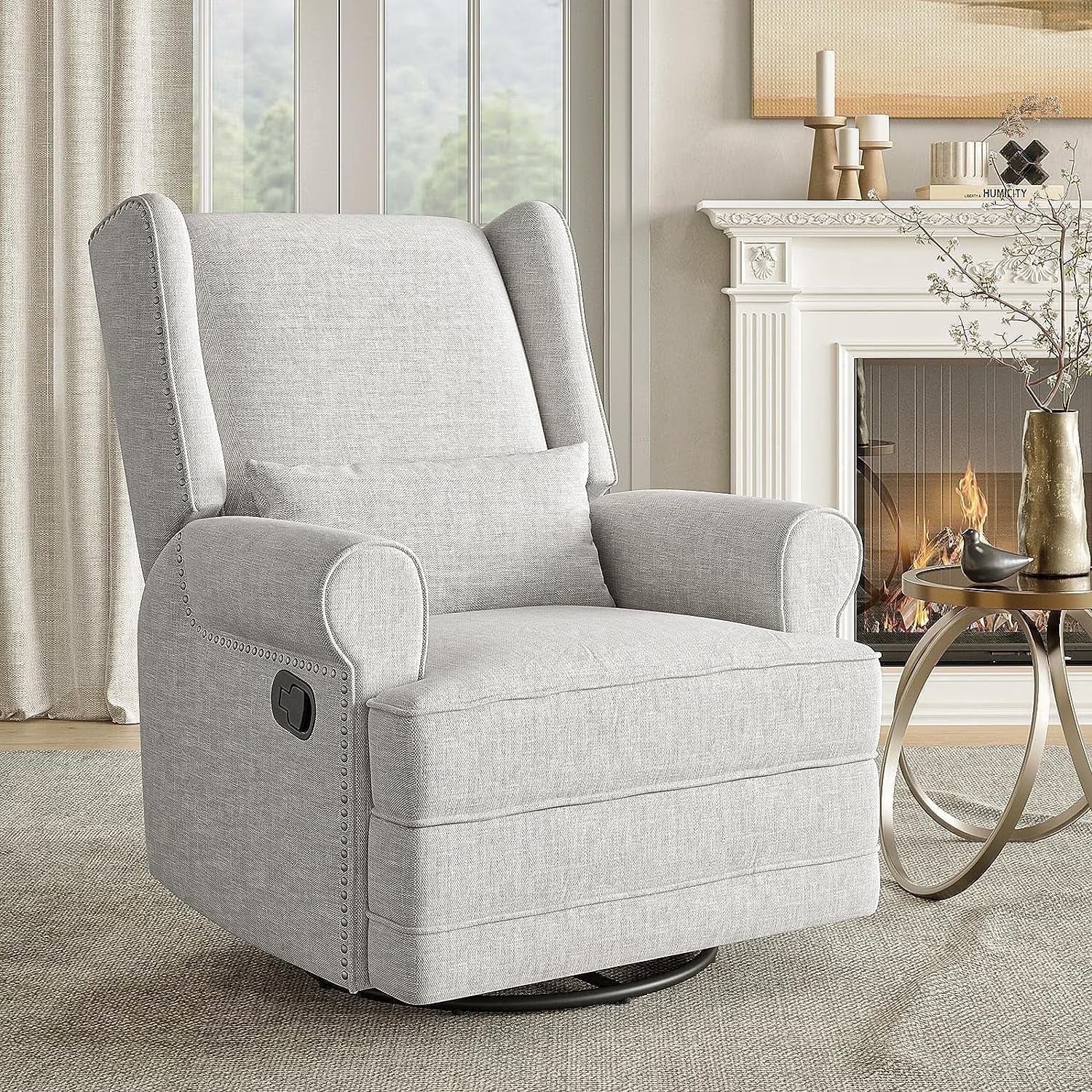 Royalcraft Swivel Nursery Glider Recliner, Comfy Upholstered Glider Chair with Lumbar Pillow and Footrest, Swivel Rocking Chair for Living Room, Grey