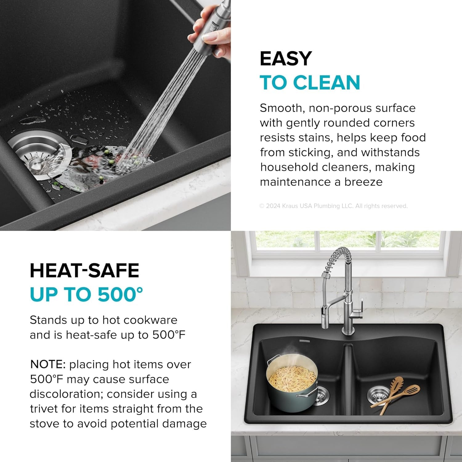 KRAUS Forteza 33-Inch Drop In/Undermount 50/50 Double Bowl Granite Kitchen Sink in Black, KGD-52BLACK