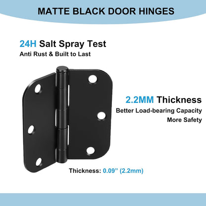 42 Pack Black Door Hinges, 3.5" X 3.5" Heavy Duty Door Hinge 5/8" Radius Corner, Interior & Exterior Door Hinges with Matte Black Finish No Squeak