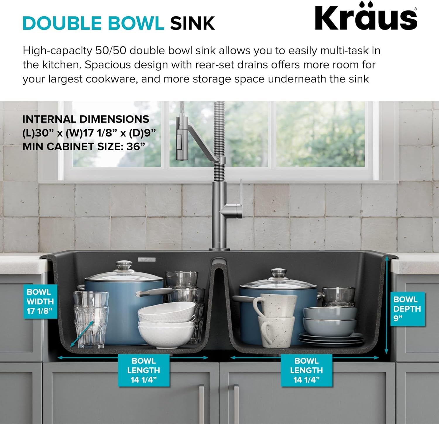 KRAUS Forteza 33-Inch Drop In/Undermount 50/50 Double Bowl Granite Kitchen Sink in Black, KGD-52BLACK