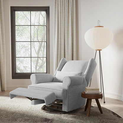Royalcraft Swivel Nursery Glider Recliner, Comfy Upholstered Glider Chair with Lumbar Pillow and Footrest, Swivel Rocking Chair for Living Room, Grey