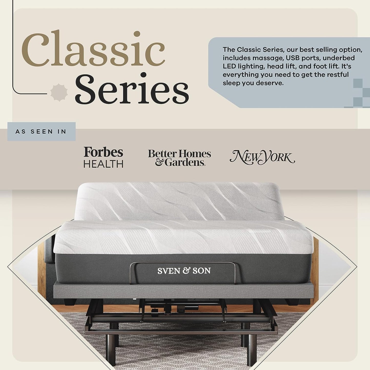 Sven & Son Classic Adjustable Bed Base, Head and Foot Lift, Massage, Under-Bed Lights, USB, Gel Memory, Zero Gravity Smart Frame - Queen + 12 Inch Memory Foam Matt (Medium)
