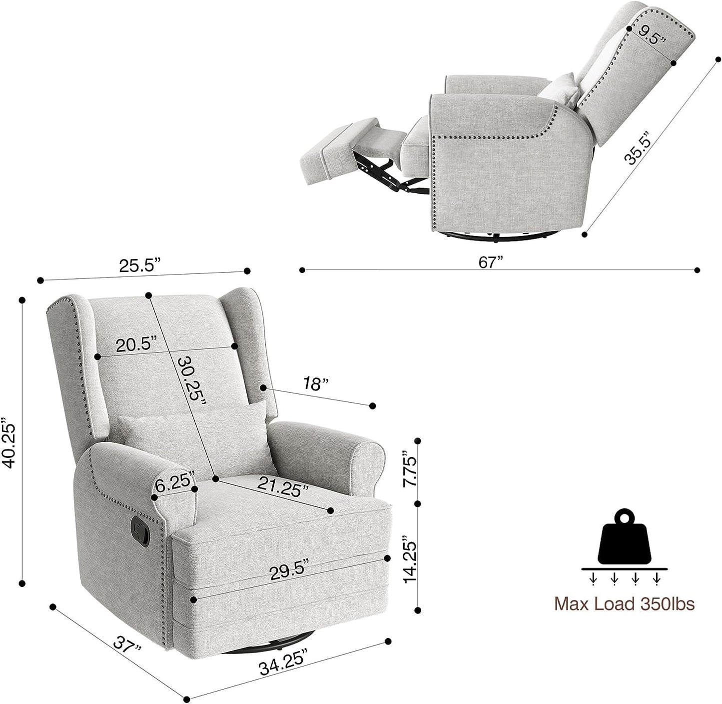 Royalcraft Swivel Nursery Glider Recliner, Comfy Upholstered Glider Chair with Lumbar Pillow and Footrest, Swivel Rocking Chair for Living Room, Grey