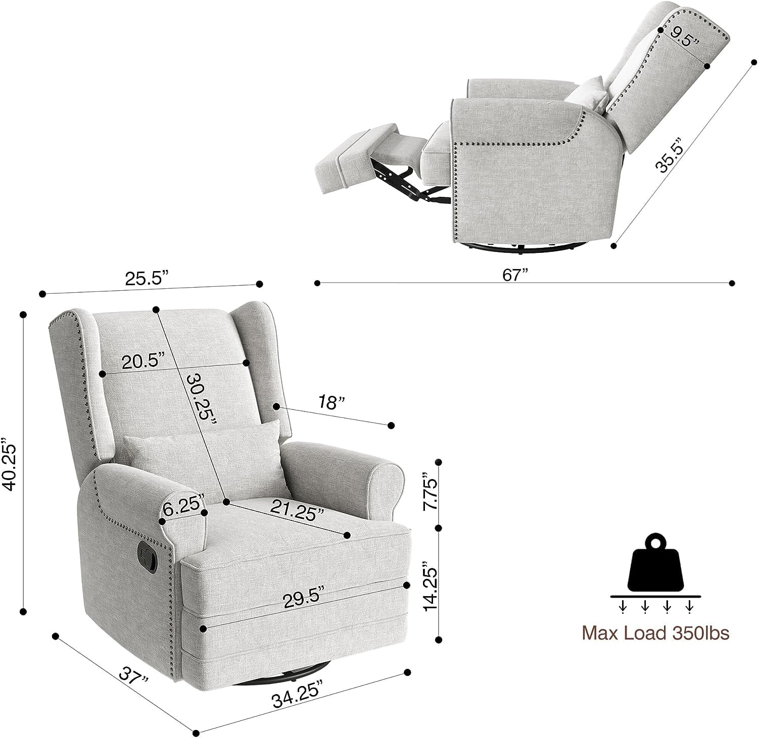 Royalcraft Swivel Nursery Glider Recliner, Comfy Upholstered Glider Chair with Lumbar Pillow and Footrest, Swivel Rocking Chair for Living Room, Grey
