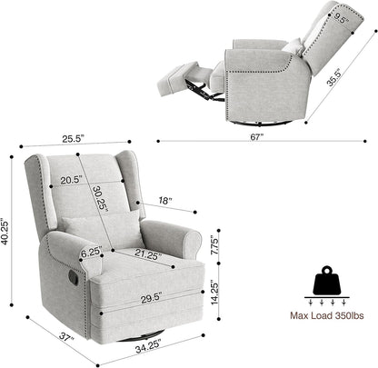 Royalcraft Swivel Nursery Glider Recliner, Comfy Upholstered Glider Chair with Lumbar Pillow and Footrest, Swivel Rocking Chair for Living Room, Grey