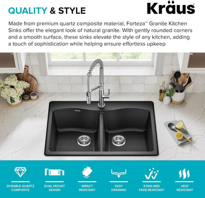 KRAUS Forteza 33-Inch Drop In/Undermount 50/50 Double Bowl Granite Kitchen Sink in Black, KGD-52BLACK