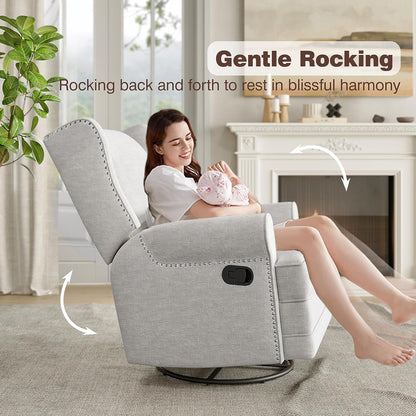 Royalcraft Swivel Nursery Glider Recliner, Comfy Upholstered Glider Chair with Lumbar Pillow and Footrest, Swivel Rocking Chair for Living Room, Grey