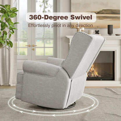 Royalcraft Swivel Nursery Glider Recliner, Comfy Upholstered Glider Chair with Lumbar Pillow and Footrest, Swivel Rocking Chair for Living Room, Grey